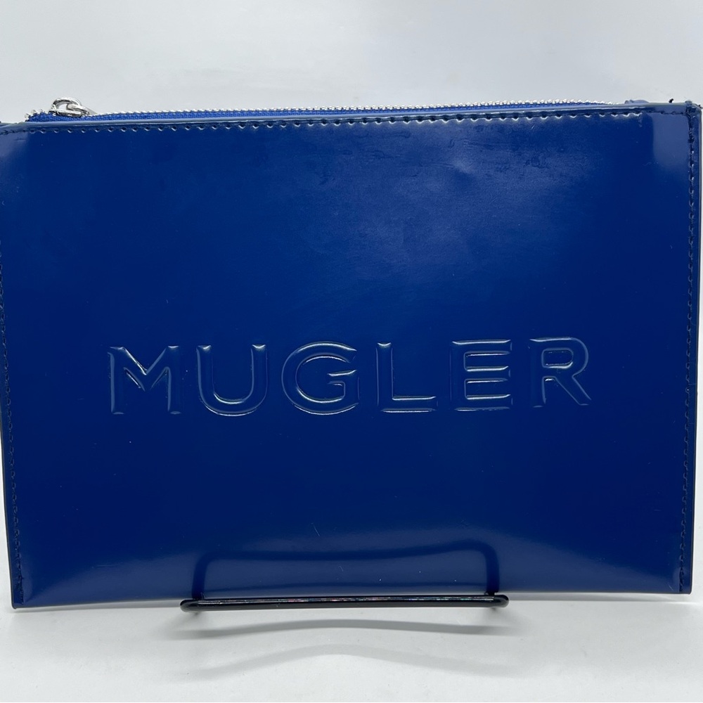 Mugler Blue Patent Leather Zip Clutch Pouch Embossed Logo